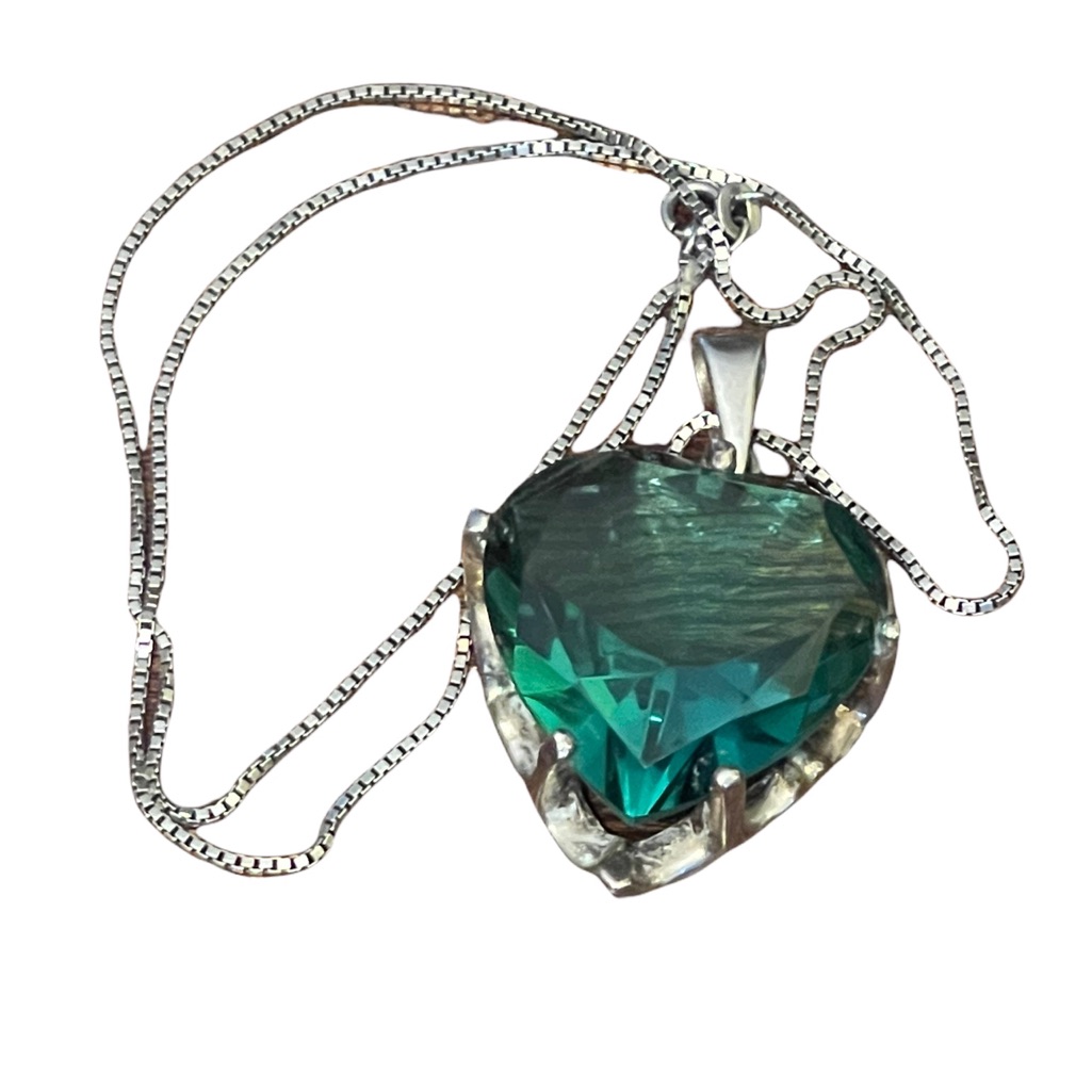 Vintage Sterling Silver 925 Large Green Heart Crystal Chain & Pendant Necklace